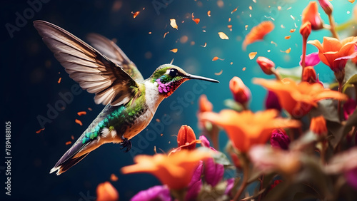 Vibrant Flowers: A Hummingbird Capturing Nature's Dance in Double Exposure Close-Up