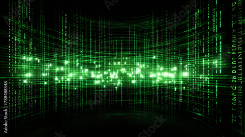 Green digital binary data on computer screen background. Matrix style, generative AI
