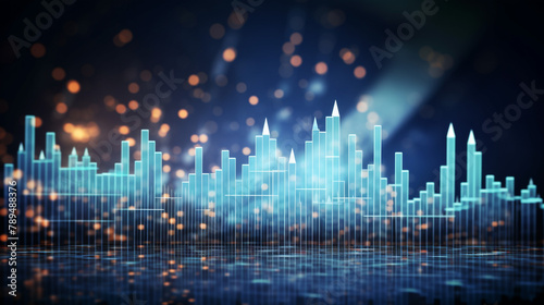 Perspective view of stock market growth  business investing and data concept with digital financial chart graphs  diagrams and indicators on dark blue blurry background  generative AI