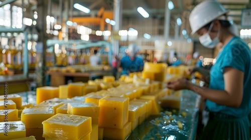A worker conducting a quality check on freshly made yellow soap bars in an industrial manufacturing setting. photo