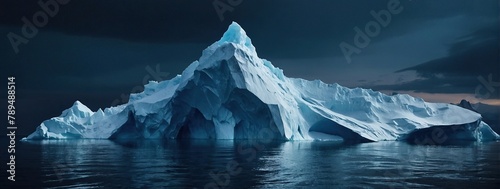 Digital Antarctic iceberg in the ocean in futuristic polygonal style on dark blue technology background