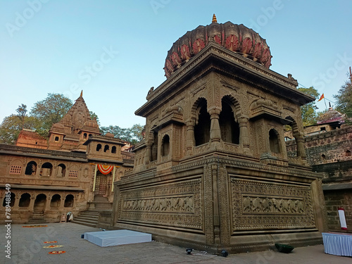 Maheshwar, Madhya Pradesh, India, 24 Feb 2024, Beautiful carvings and sculptures on the wall of Maheshwar temple, sculptures Ahilyabai temple Maheshwar India.