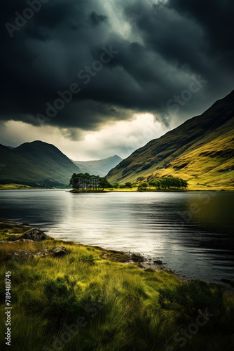 Green valley with river under dark cloudy sky