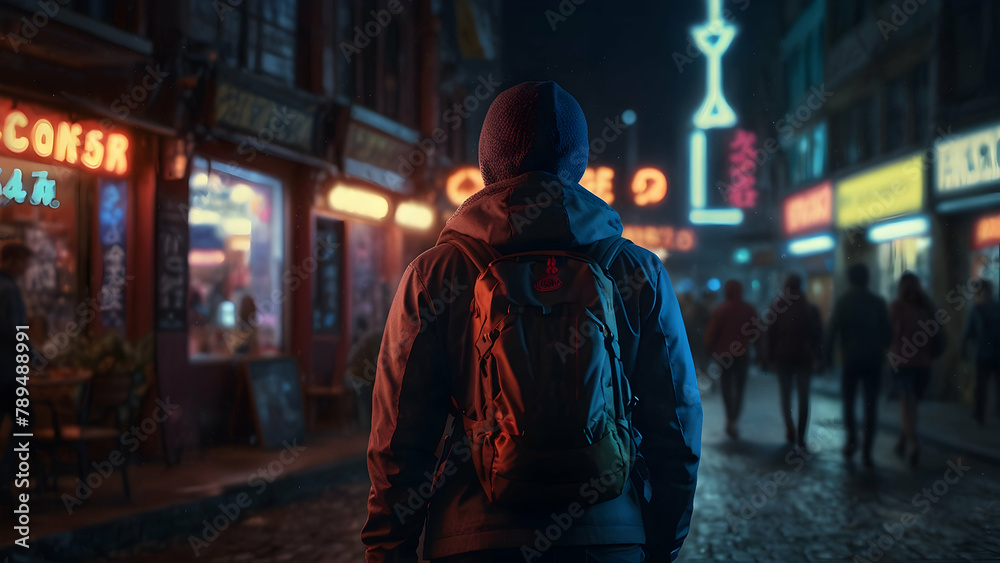 Neon Nomad: A Backpacker's Journey Illuminated by City Lights - Backpacker Exposure Photo Stock Concept Neon Nomad: A Backpacker's Journey Illuminated by City Lights - Backpacker Exposure Photo Stock Concept