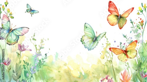 Colorful watercolor painting of flowers and butterflies, perfect for nature-themed designs © Fotograf