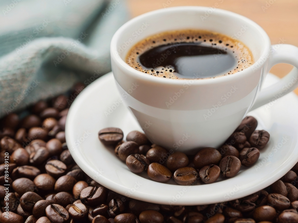 Coffee cup and coffee beans on table