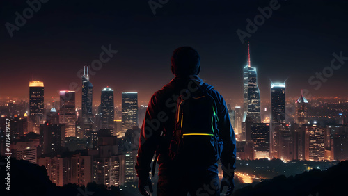 Urban Nightscape: Backpacker's Neon Odyssey Through the City Lights