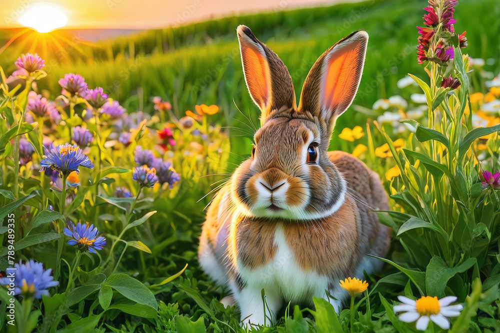 Rabbit on the lawn with flowers at sunset.