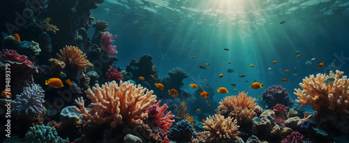 Reef Residents: A Vibrant Underwater Community of Tropical Fish and Coral - Closeup Double Exposure Photo Capturing the Beauty of Undersea Life photo