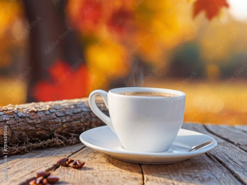 Autumn leaves and a hot steaming cup of coffee. A wooden table and a cup of coffee by the window against the backdrop of an autumn forest. Autumn season, free time, coffee break