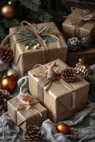 Brown paper-wrapped presents tied with twine. Perfect for holiday or birthday concepts