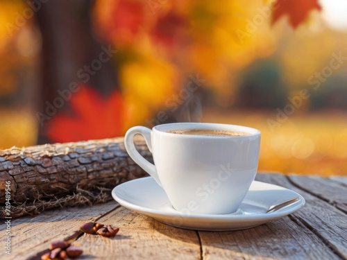 Obraz na płótnie Autumn leaves and a hot steaming cup of coffee. A wooden table and a cup of coffee by the window against the backdrop of an autumn forest. Autumn season, free time, coffee break w salonie