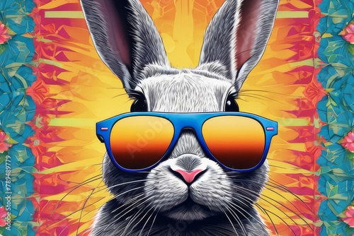 Obraz na płótnie Close-up of a fashionable gray rabbit wearing glasses on a neon color background. w salonie