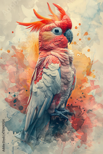 Playful cockatoo with soft, fluffy texture, joyful expression, surrounded by subtle splashes, against a minimalist backdrop.generative ai © Chanya2498