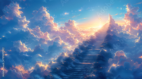 Majestic stairway ethereal art stairs in clouds towards the sky Concept of journey, ascension, heavenly realms, and mystical passages. Watercolor art photo