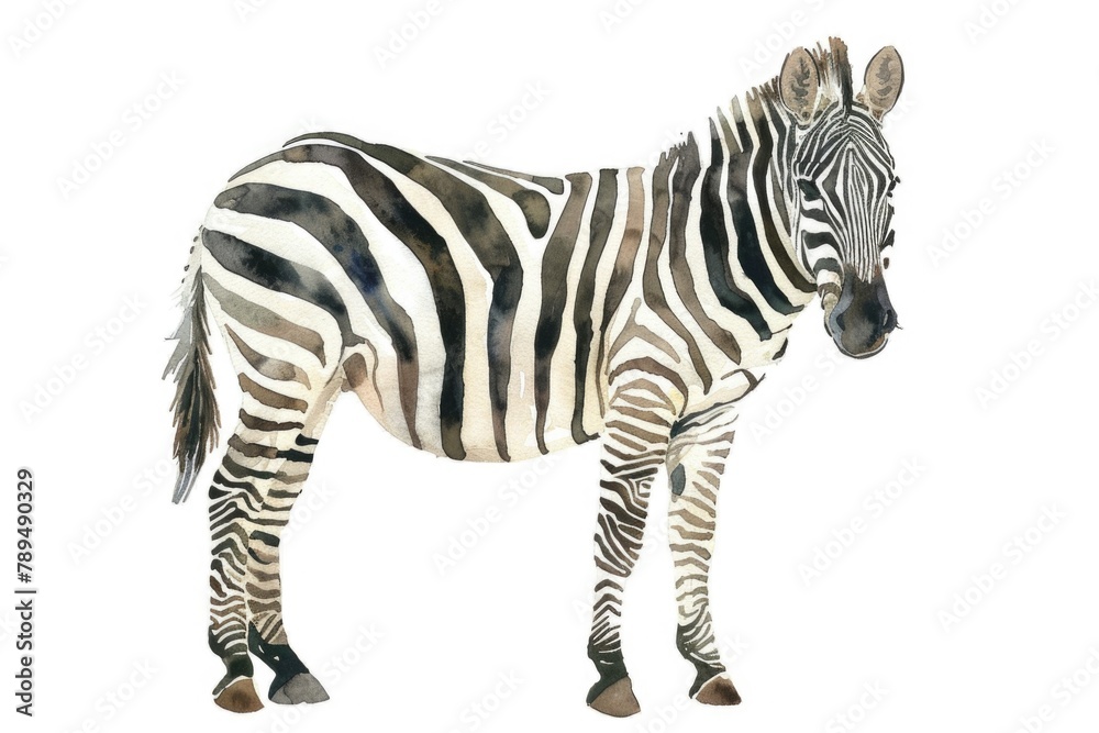 Fototapeta premium A beautiful watercolor painting of a zebra on a white background. Perfect for animal lovers and nature enthusiasts
