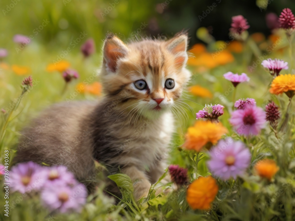 Little kitten resting in a meadow with flowers