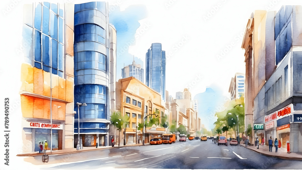 Vibrant Watercolor Cityscape Illustration Reflecting the Energy of Commerce and Trade in a Bustling Economy - Business Exposure Concept for Construction