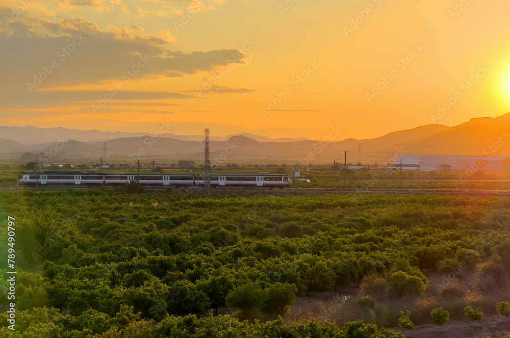 Train on railway in motion on sunset. Traveling on High-speed train on railway. Train with passenger cars rides. Passenger locomotive with wagons in moving on railroad. Spanish National Rail.