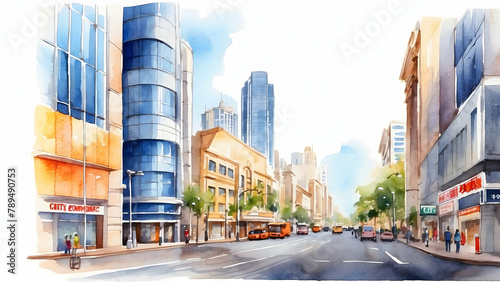 Vibrant Watercolor Cityscape Illustration Reflecting the Energy of Commerce and Trade in a Bustling Economy - Business Exposure Concept for Construction © Gohgah