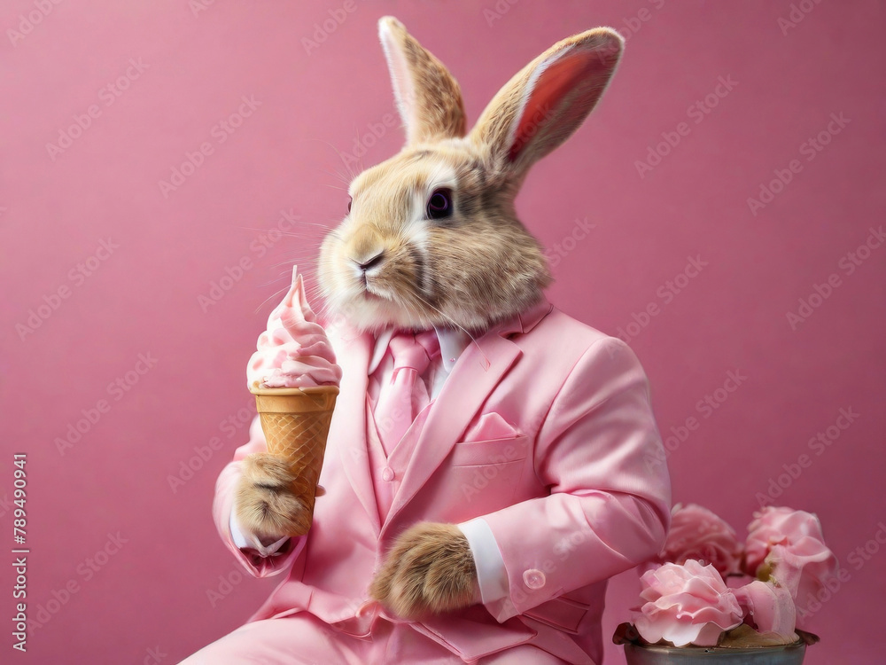 Glamorous bunny in a pink suit with ice cream. Summer card with bunny.