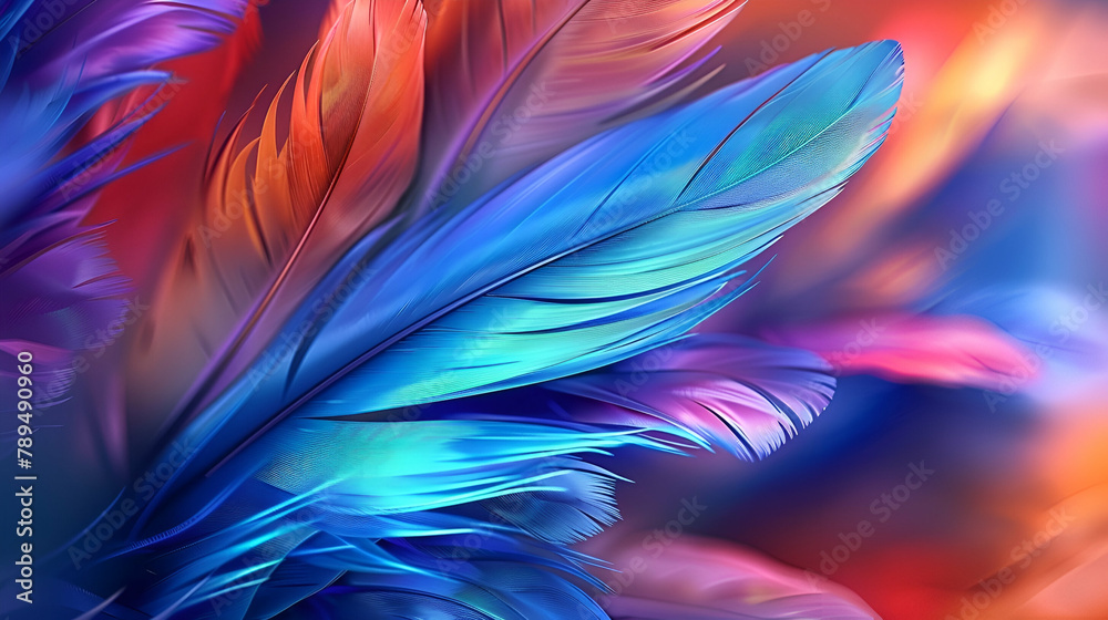 Feathers spread like flowers. colorful, blue, close-up, Crystal feather, 4k