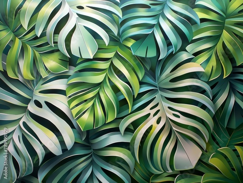 A painting of a lush green plant with many leaves. The painting is full of life and energy, and it conveys a sense of growth and vitality. The leaves are large and spread out