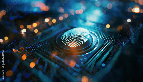 A fingerprint merges with digital circuits, symbolizing secure biometric technology photo