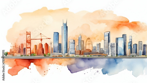 "Watercolor Corporate Horizon: Blend of Icons and City Horizons, Symbolizing Endless Business Possibilities" - Stock Photo of Construction Concept