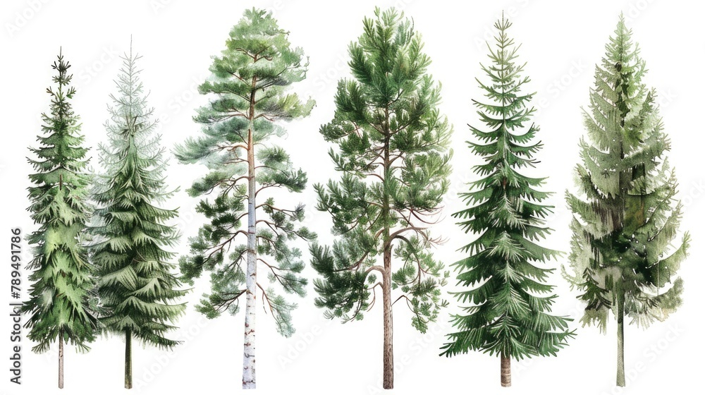 Beautiful watercolor illustration of a group of pine trees. Perfect for nature-themed designs