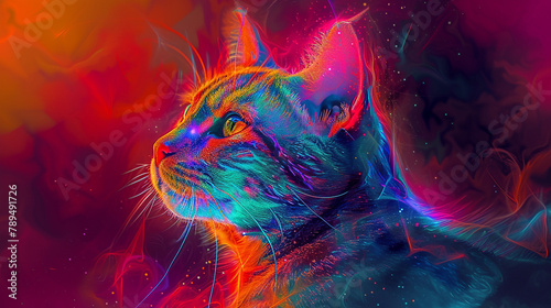 AI Generated A dada graphic design, painting with bright colors of a Neon cat of galaxy Photo background photo
