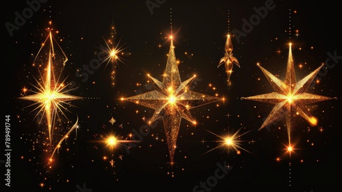 This set of glow light effect stars bursts with sparkles is isolated on a black background and would be suitable for template art design, banners for celebrations, magic flash energy rays.