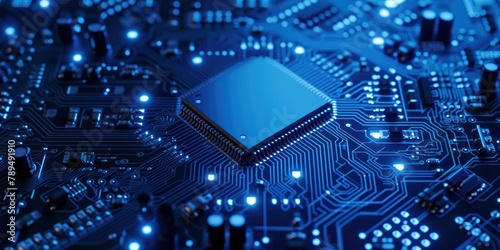 a blue image of a semiconductor chip on a circuit board © Eyepain