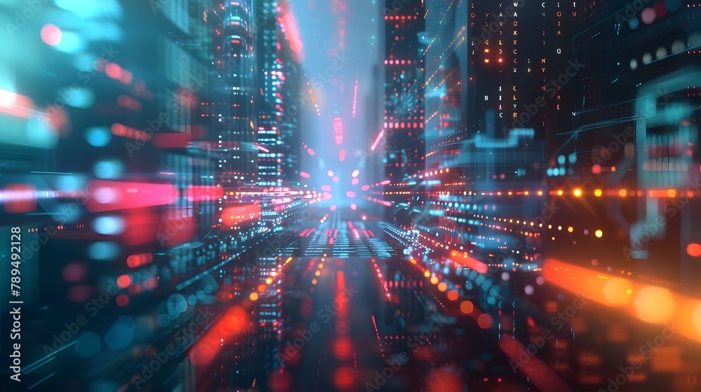 Obraz premium digital art background city night view with Glow lighting move forword camera