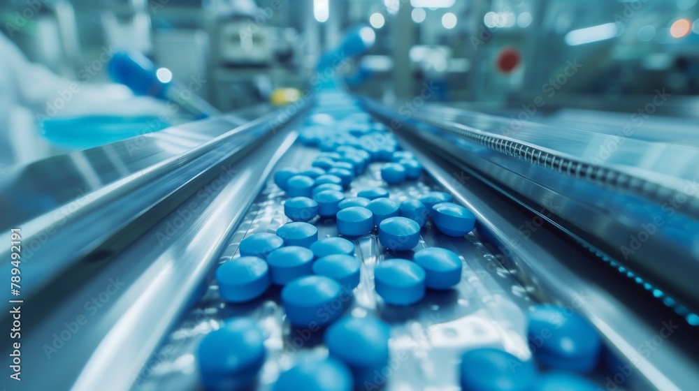 Blue capsule production, pharmaceutical factory, tablet and pills manufacturing process on conveyor