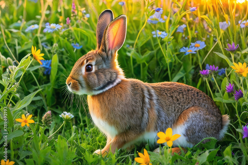 Rabbit on the lawn with flowers at sunset