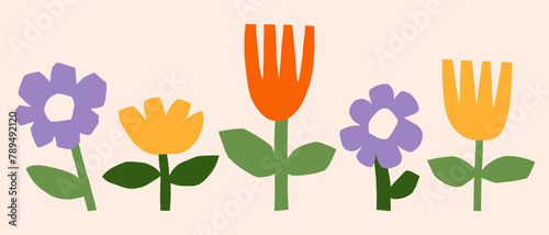 Paper cut style flowers illustration set. Simple spring florals, tulip, daisy vector graphic