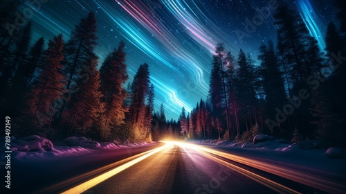 The Northern Lights cast a mystical glow over a winding road lined with pines  car trails captured in long exposure under a starry sky