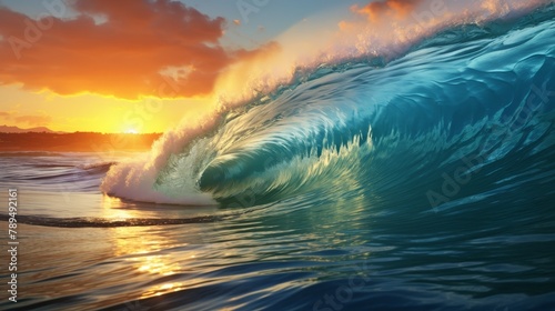 The sun rises over a tropical coast where a giant blue wave dramatically breaks, perfect for a summer surfing banner, rendered in photo-realistic
