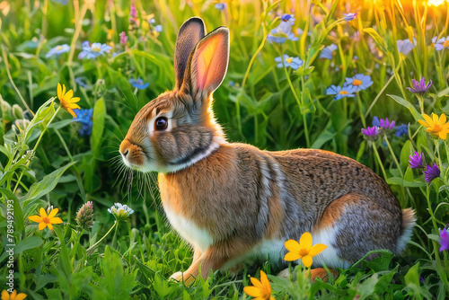 Rabbit on the lawn with flowers at sunset