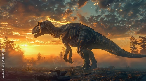 Tyrannosaurus is a genus of large theropod dinosaur on sunset background © Amer