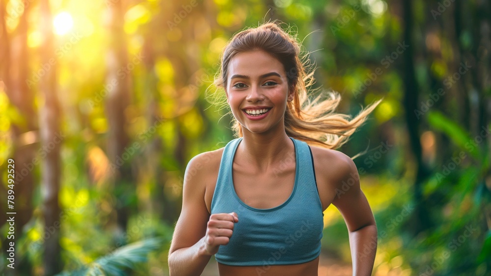 A woman jogging and enjoying the forest in the morning. A woman jogging and enjoying the forest in the morning.