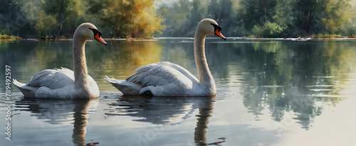 Watercolor Hand Drawing: Serenity of Swans - A Swan Family Glides Over a Tranquil Lake, Embodying Elegance and Unity (Close Up, Small Animal, Double Exposure)