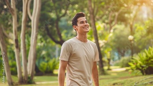 A happy man in a beige t-shirt walking in a park.