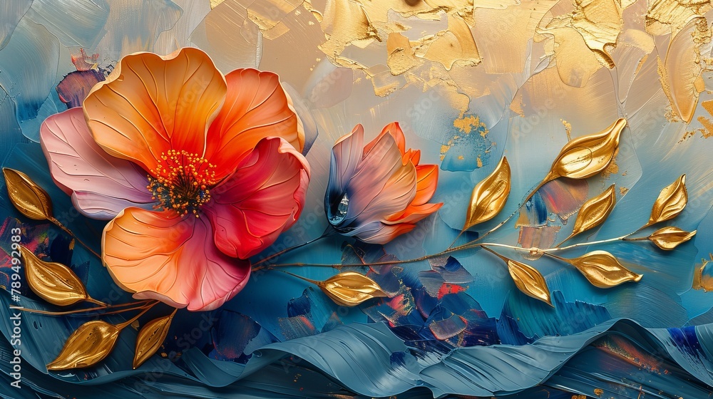 This abstract oil painting technique features flowers, leaves, and a golden texture. The future is stylish on paper. Prints, wall papers, posters, cards, murals, carpets, decorations, wall paintings,