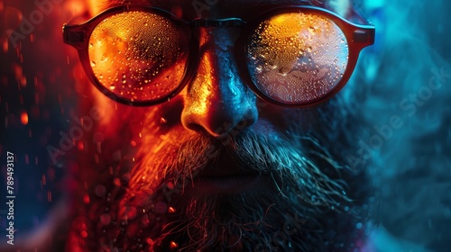 Neon light studio close-up portrait of serious man model with mustaches and beard in sunglasses