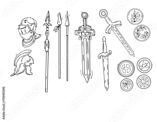 knights history helmet spear sword tarot occultism magic spiritualism symbols graphics drawn on a white background by hand glasses dishes glasses