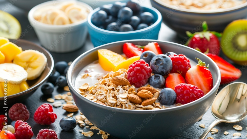 Table set with a wholesome breakfast with yogurt, oats, and fruits. Table set with a wholesome breakfast with yogurt, oats, and fruits.