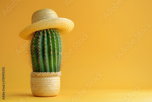 Cactus in pot with hat on color background with copy space.
