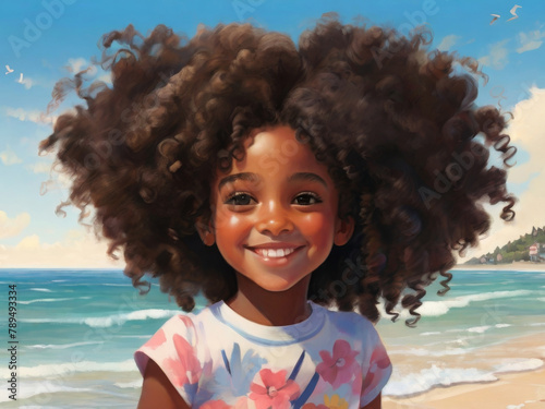 Obraz na płótnie Portrait of an African American 7 year old child having fun on the beach during vacation w salonie